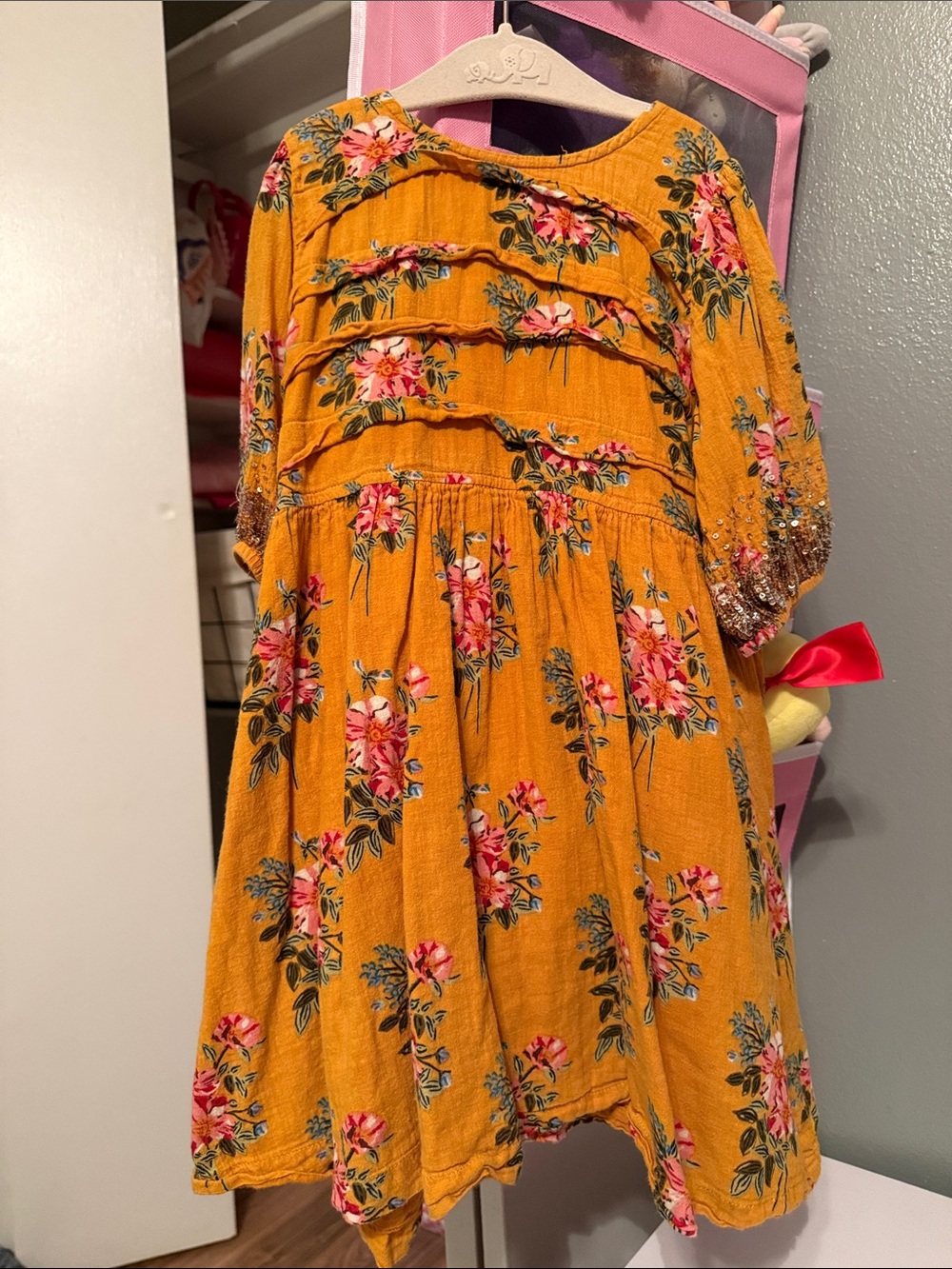 Pink Chicken Mustard Floral Ruffle Dress with Pink Blossoms